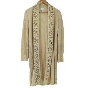 Chicos Open Front Knit Cardigan Sweater Size 1 M Waterfall Crochet Boho Long